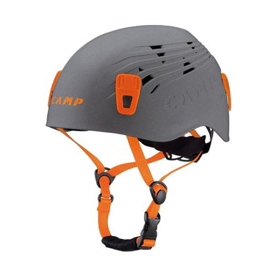 Beispielbild: grauer Kletterhelm mit orangefarbenen Riemen.