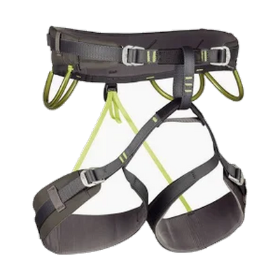 Beispielbild: anthrazitfarbener Klettergurt mit verstellbaren Beinschlaufen.