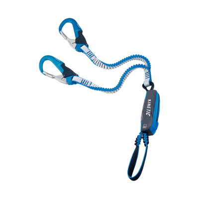 Beispielbild: blaues Klettersteigset mit zwei elastischen Armen, zwei Karabinern und Bandfalldämpfer.