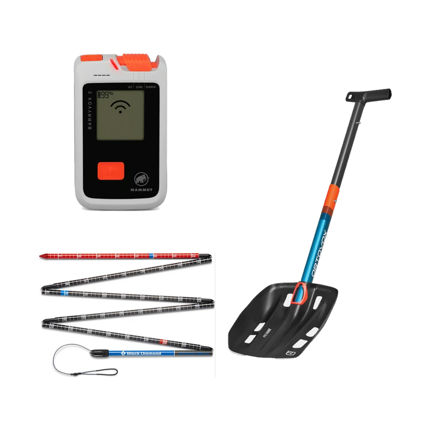 Example photo: avalanche transceiver, avalanche probe and avalanche shovel side by side.