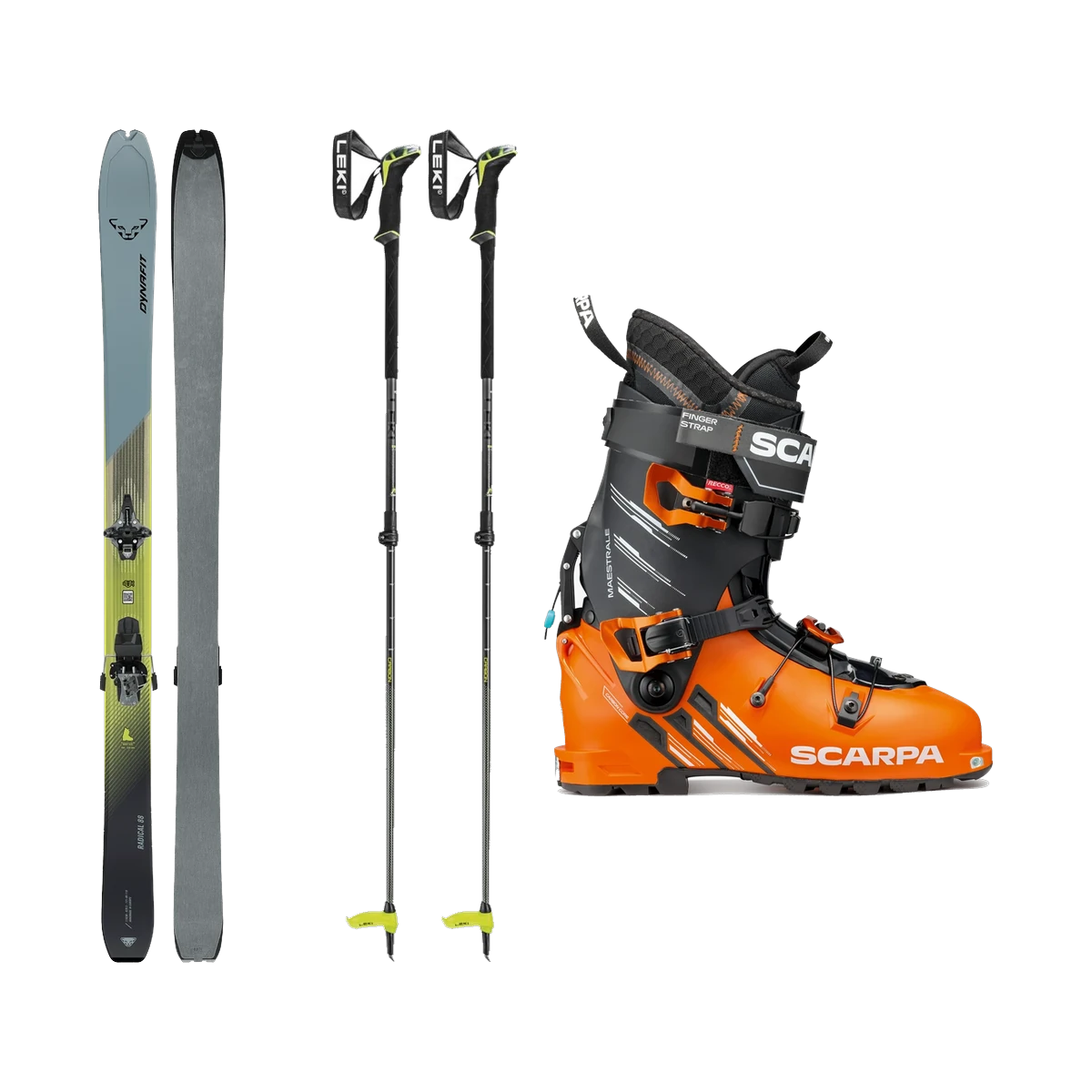 Example photo: touring skis with skins, poles and a ski touring boot side by side.