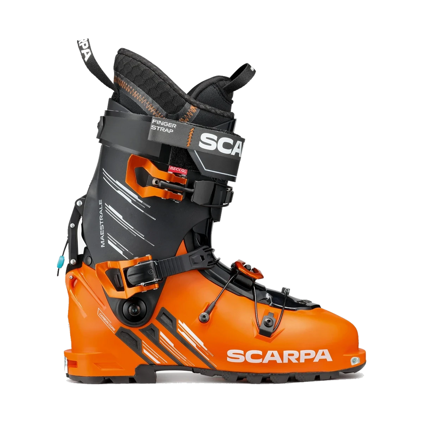 Beispielbild: orangefarbener Skitourenschuh mit schwarzem Schaft und Schnallen.
