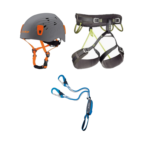 Beispielbild: Kletterhelm, Klettergurt und Klettersteigset nebeneinander.